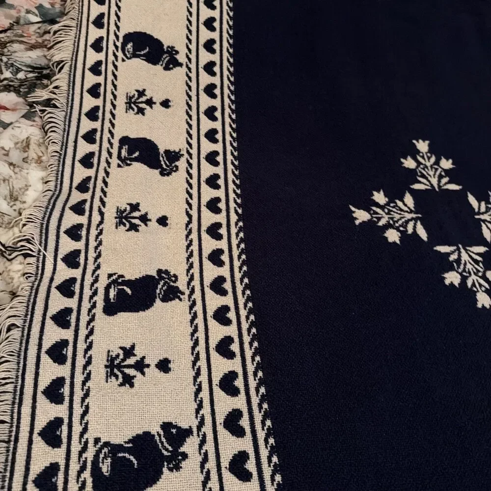 Vtg Cat Throw Blanket Woven Cotton Blue Cream Heart Reversible Grandmacore 45x66